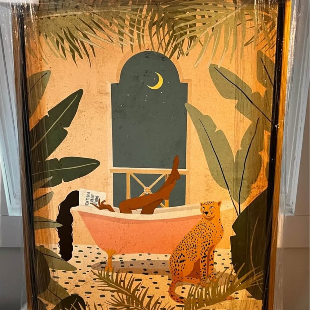 Oliver Gal “Jungle Bathtime Lounge” – 30x20 Framed Canvas, Brand New, Gold Frame